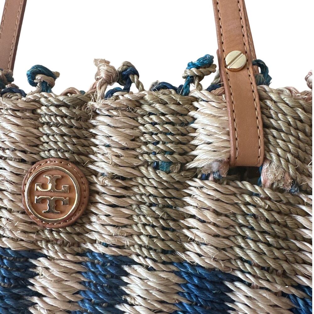 Tory Burch Ella Straw Tote Blue Striped Boho Beach Bag - Picture 8 of 10